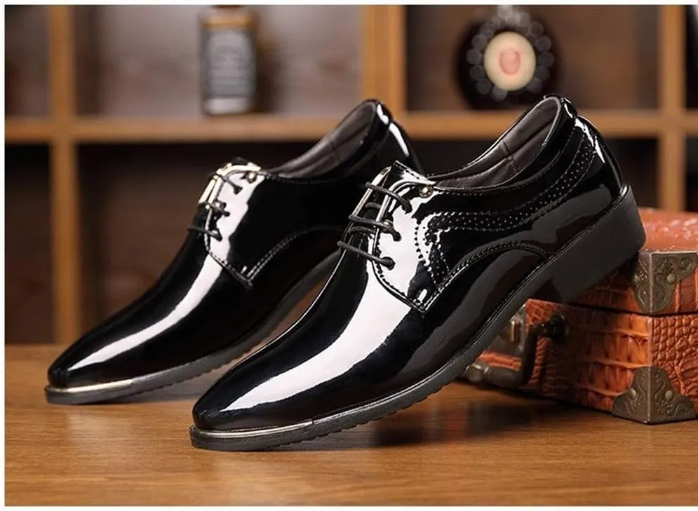 Dress Oxford Formal Shoes for Men Lace Up Snip Toe Patent Leather Derby Shoes Vegan Leather Non Slip Anti-Slip Low Top Party