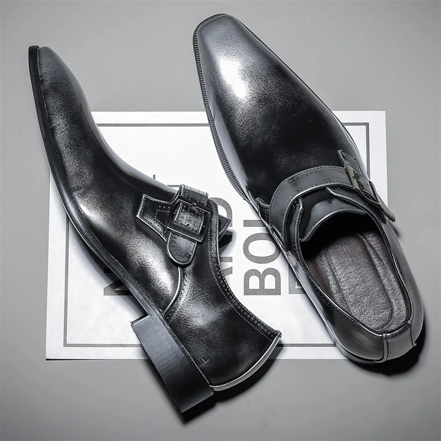 Dress Oxford Shoes for Men Slip On Monk Strap Squre Toe Vegan Leather Rubber Sole Block Heel Slip Resistant Casual