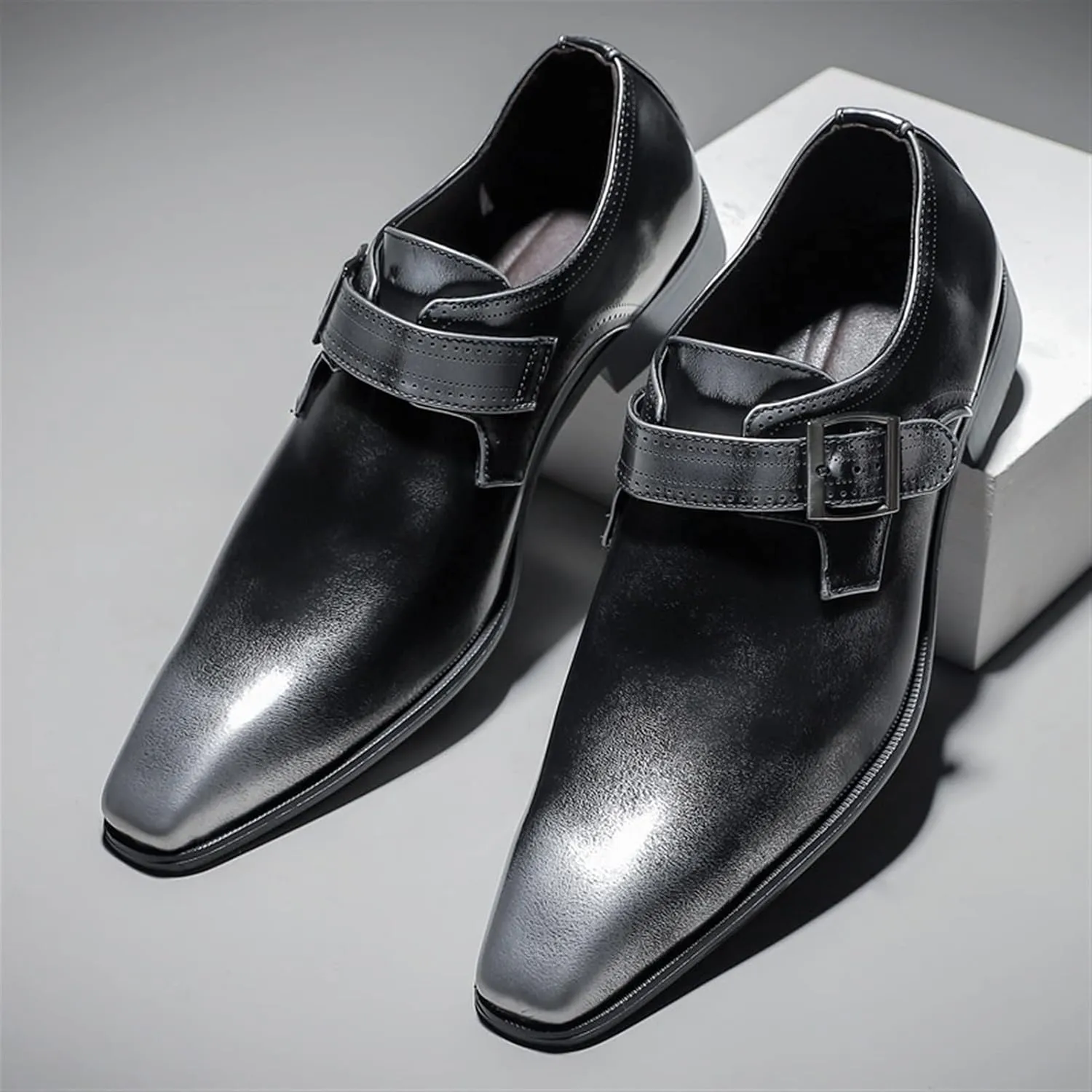 Dress Oxford Shoes for Men Slip On Monk Strap Squre Toe Vegan Leather Rubber Sole Block Heel Slip Resistant Casual