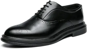 Dress Shoes for Men Lace Up Round Burnished Toe Vegan Leather Non Slip Low Top Block Heel Prom
