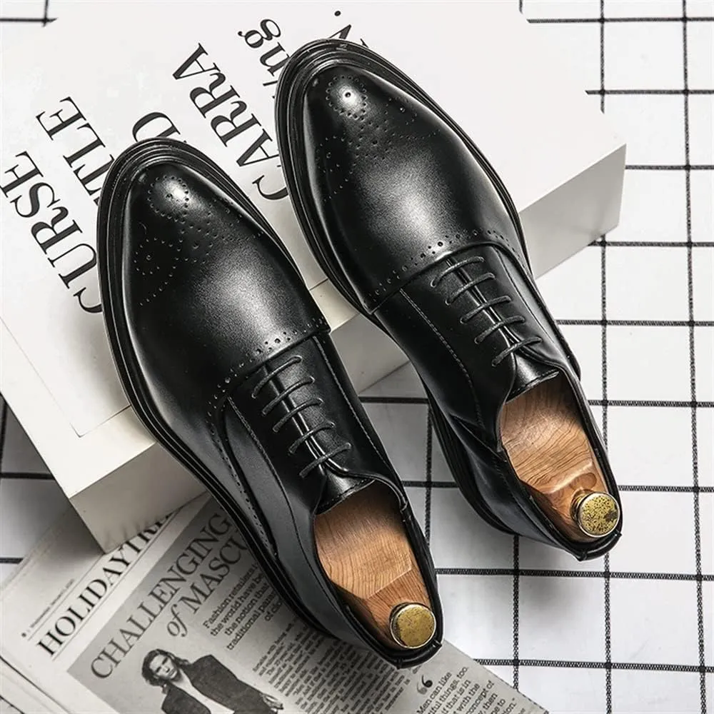 Dress Shoes for Men Lace Up Round Burnished Toe Vegan Leather Non Slip Low Top Block Heel Prom