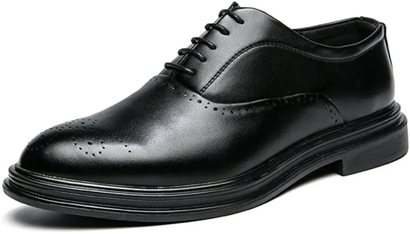 Dress Shoes for Men Lace Up Round Burnished Toe Vegan Leather Non Slip Low Top Block Heel Prom