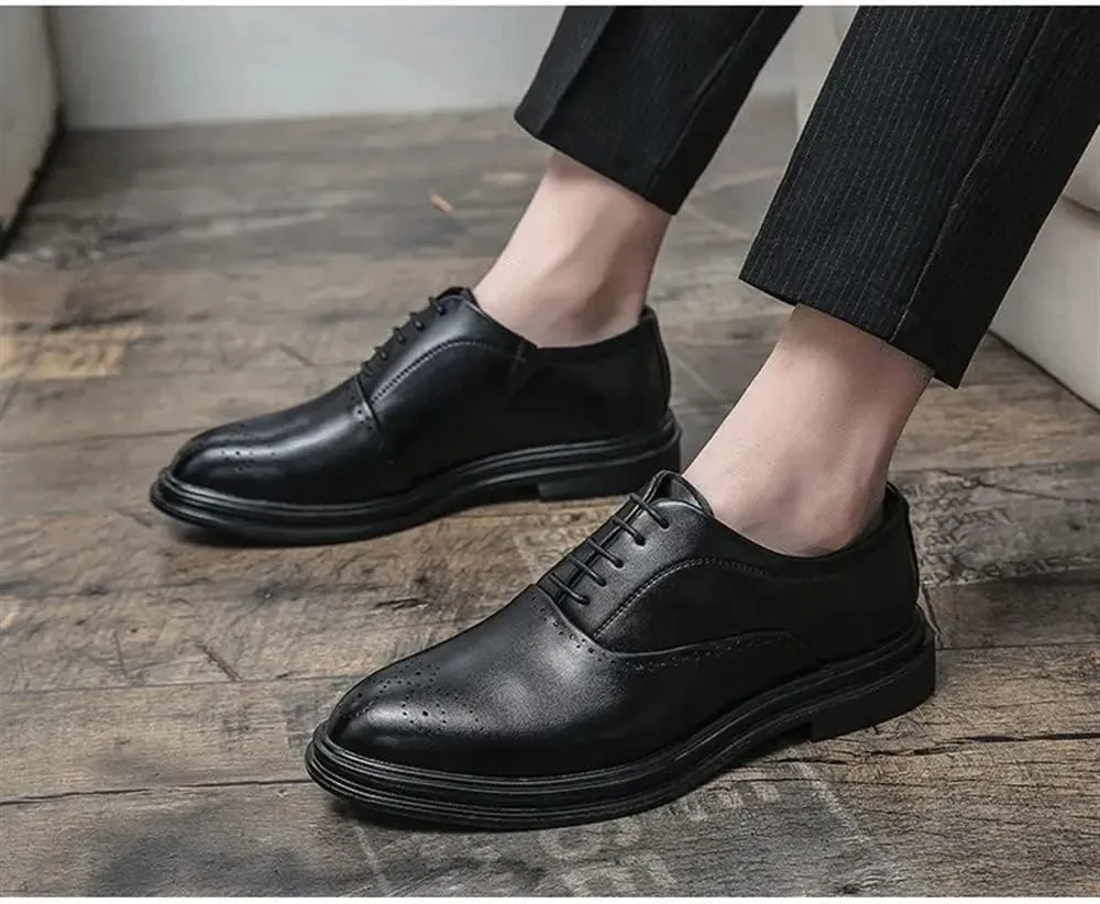 Dress Shoes for Men Lace Up Round Burnished Toe Vegan Leather Non Slip Low Top Block Heel Prom