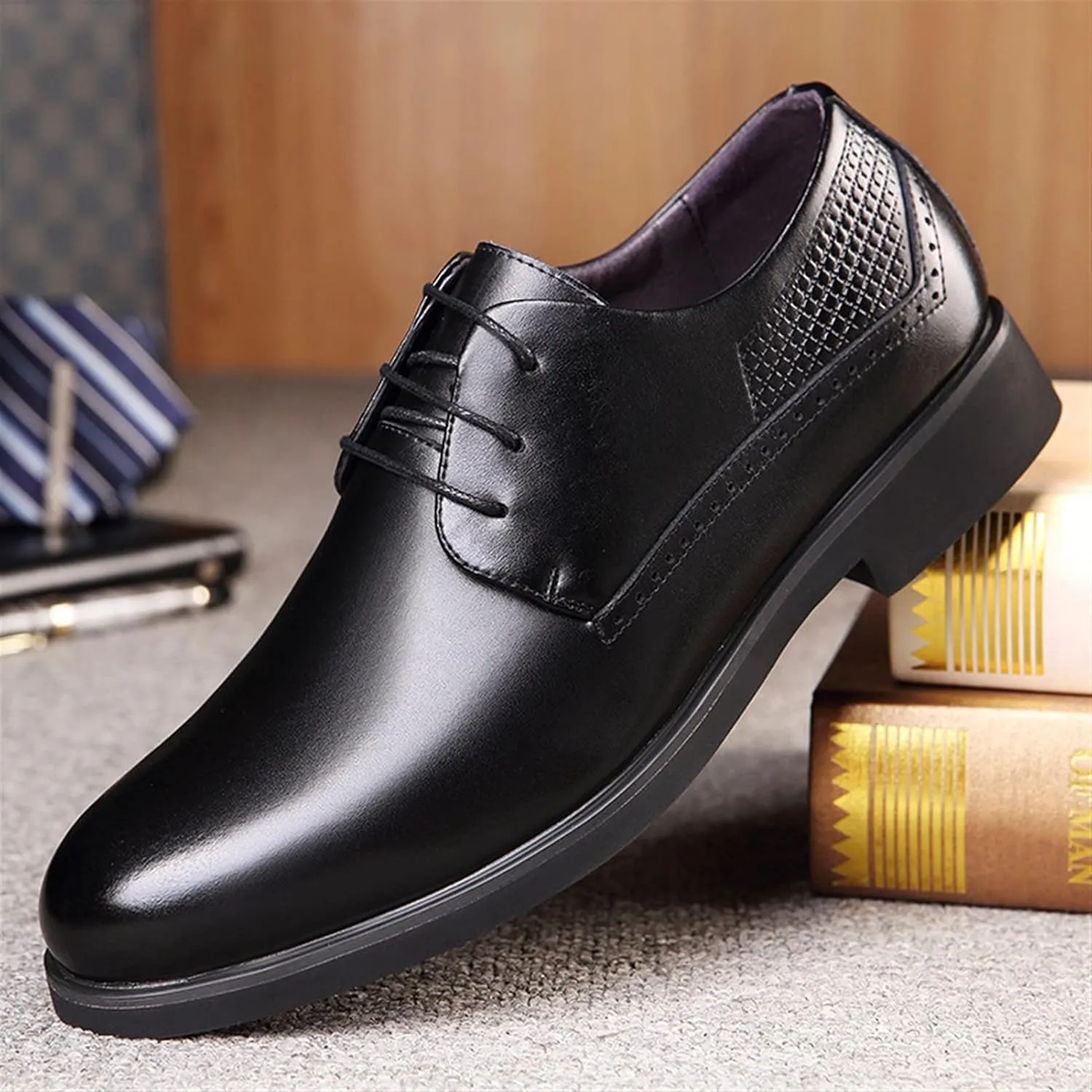Dress Shoes for Men Lace Up Round Toe Height Increasing Elevator 2.4 Inches Vegan Leather Non Slip Anti-Slip Rubber Sole Slip Resistant Block Heel