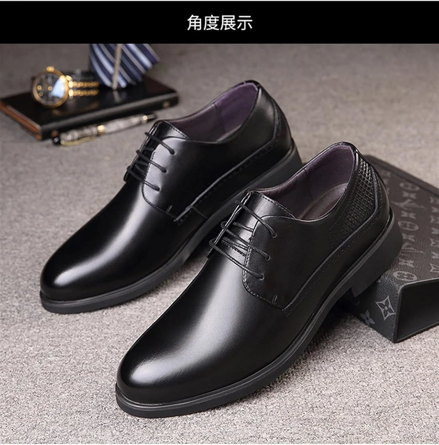 Dress Shoes for Men Lace Up Round Toe Height Increasing Elevator 2.4 Inches Vegan Leather Non Slip Anti-Slip Rubber Sole Slip Resistant Block Heel