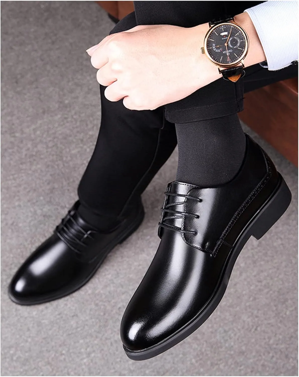 Dress Shoes for Men Lace Up Round Toe Height Increasing Elevator 2.4 Inches Vegan Leather Non Slip Anti-Slip Rubber Sole Slip Resistant Block Heel