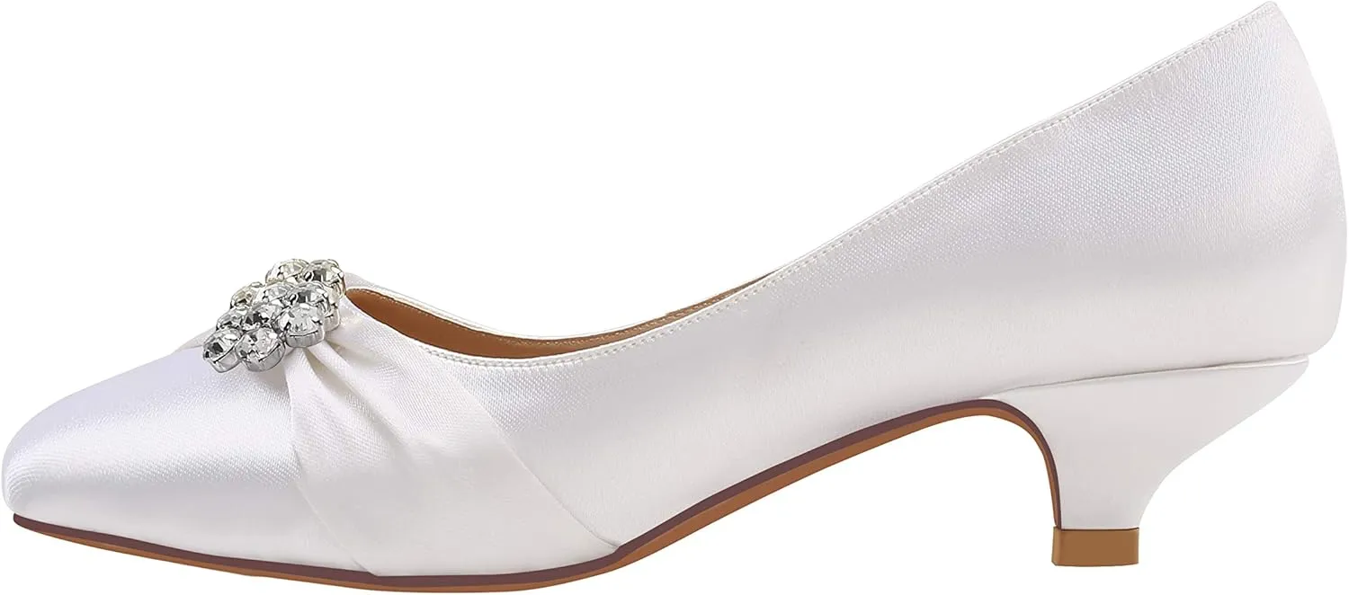 ERIJUNOR Women Closed Toe Comfort Kitten Heels Rhinestones Satin Wedding Evening Dress Shoes