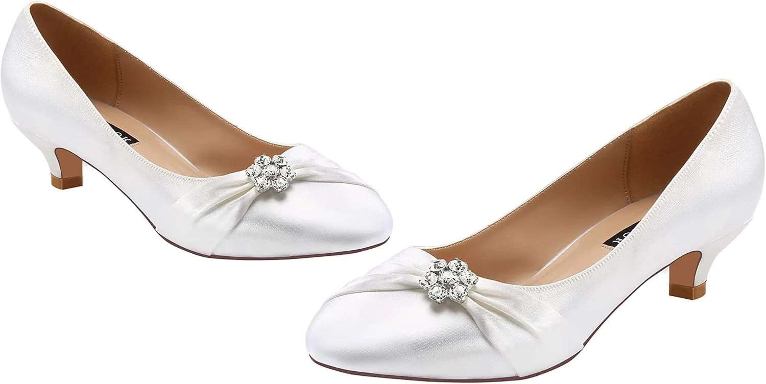 ERIJUNOR Women Closed Toe Comfort Kitten Heels Rhinestones Satin Wedding Evening Dress Shoes