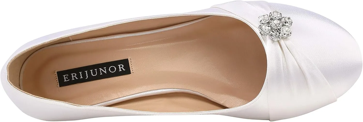 ERIJUNOR Women Closed Toe Comfort Kitten Heels Rhinestones Satin Wedding Evening Dress Shoes