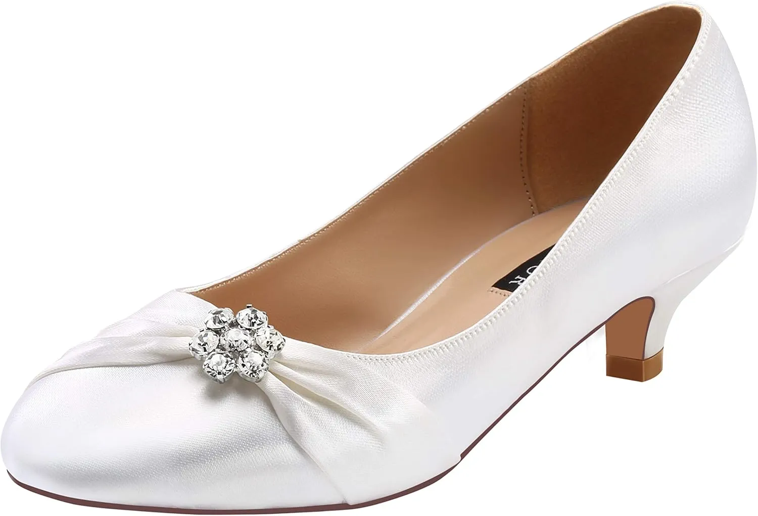 ERIJUNOR Women Closed Toe Comfort Kitten Heels Rhinestones Satin Wedding Evening Dress Shoes