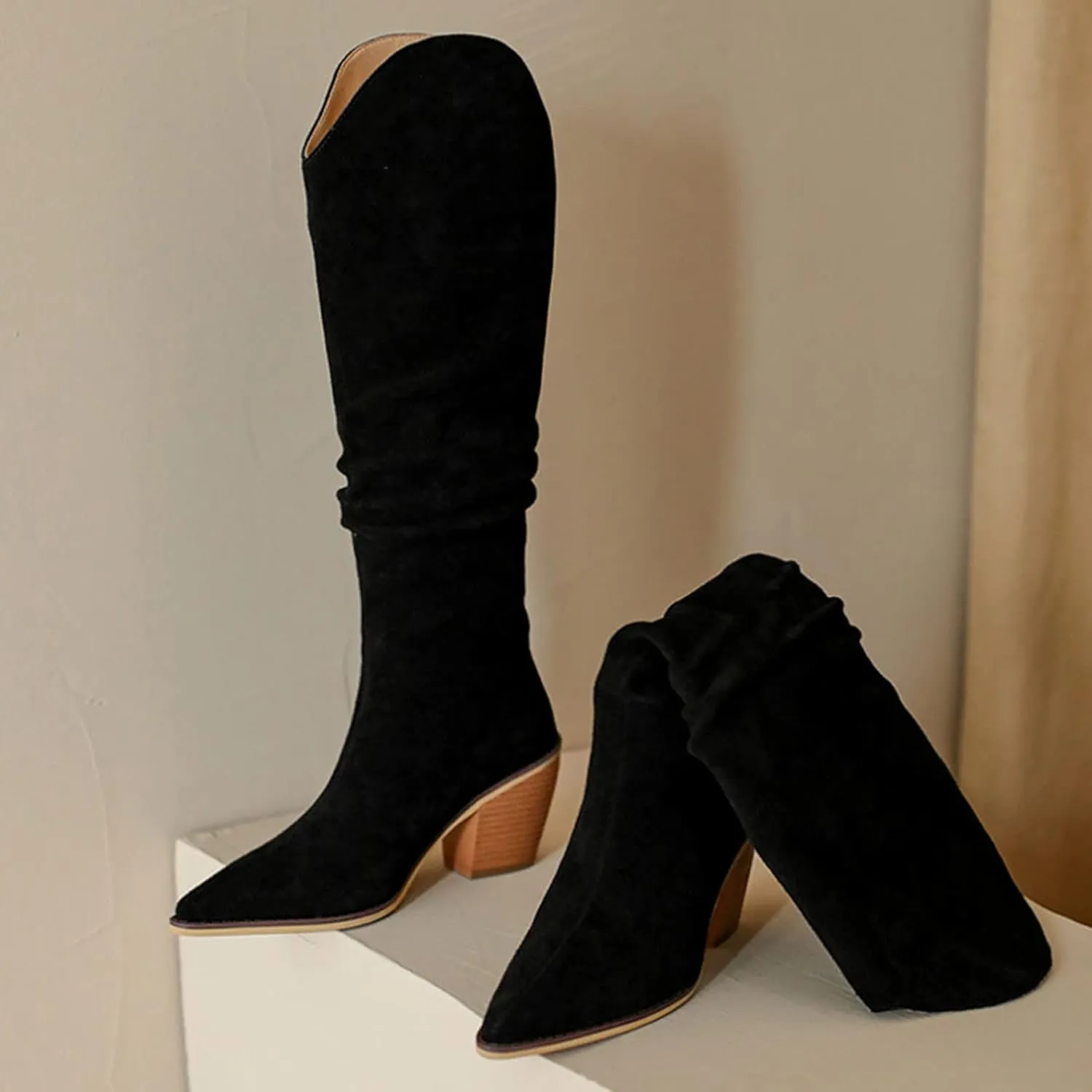 Erocalli Women's Knee High Boot Women Suede Thigh Boot Fashion Chunky Block High Heel Long Boots
