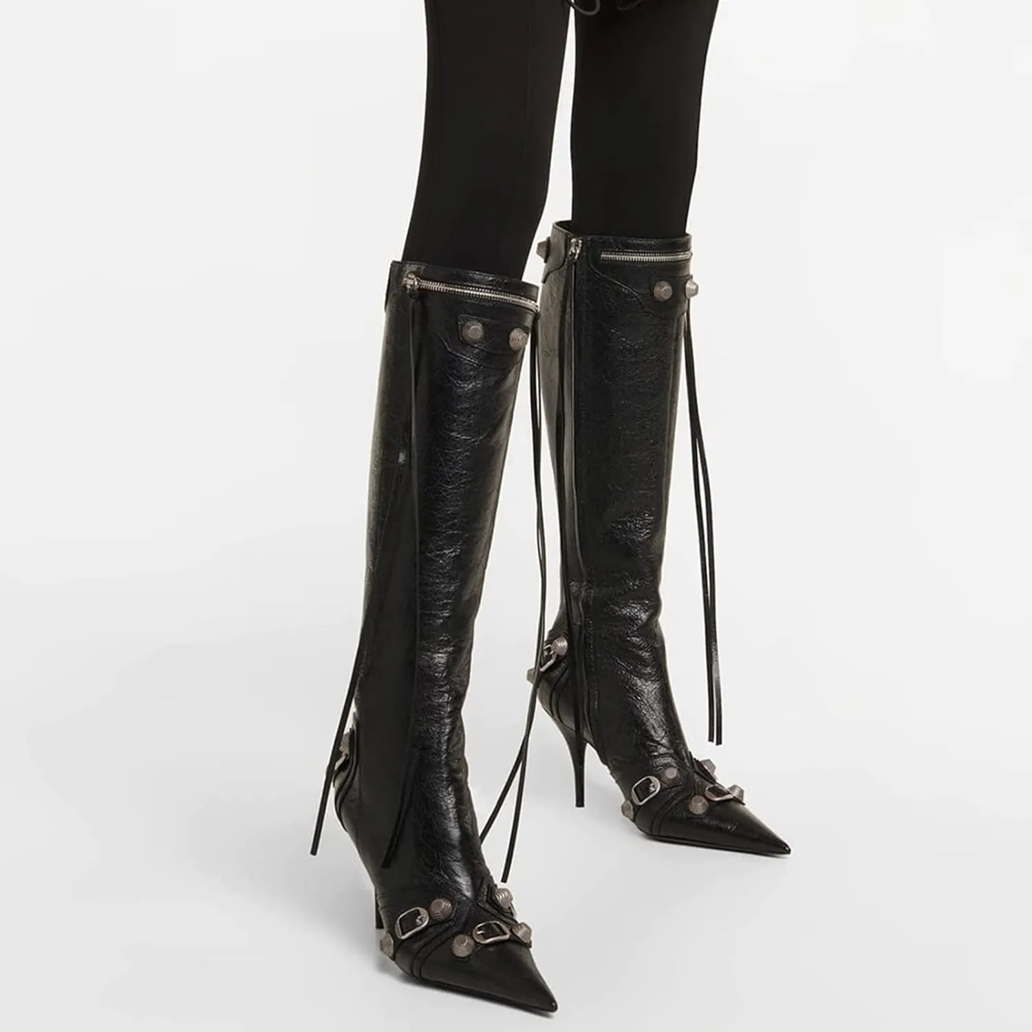 femflame Women's Knee High Boots for Women Pointed Toe Stiletto High Heels Rivet Party Dress Hot Long