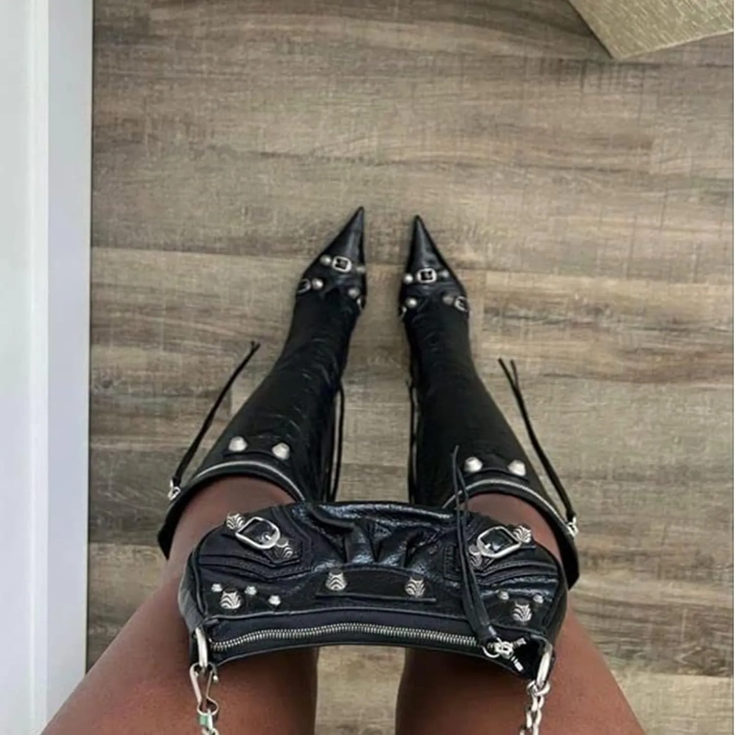 femflame Women's Knee High Boots for Women Pointed Toe Stiletto High Heels Rivet Party Dress Hot Long