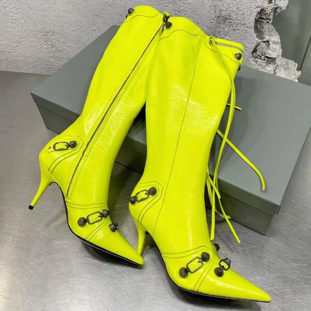femflame Women's Knee High Boots for Women Pointed Toe Stiletto High Heels Rivet Party Dress Hot Long