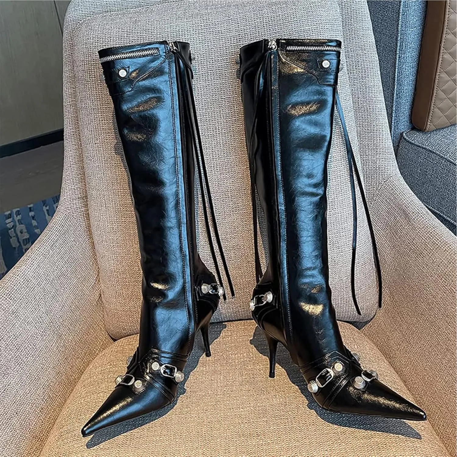 femflame Women's Knee High Boots for Women Pointed Toe Stiletto High Heels Rivet Party Dress Hot Long