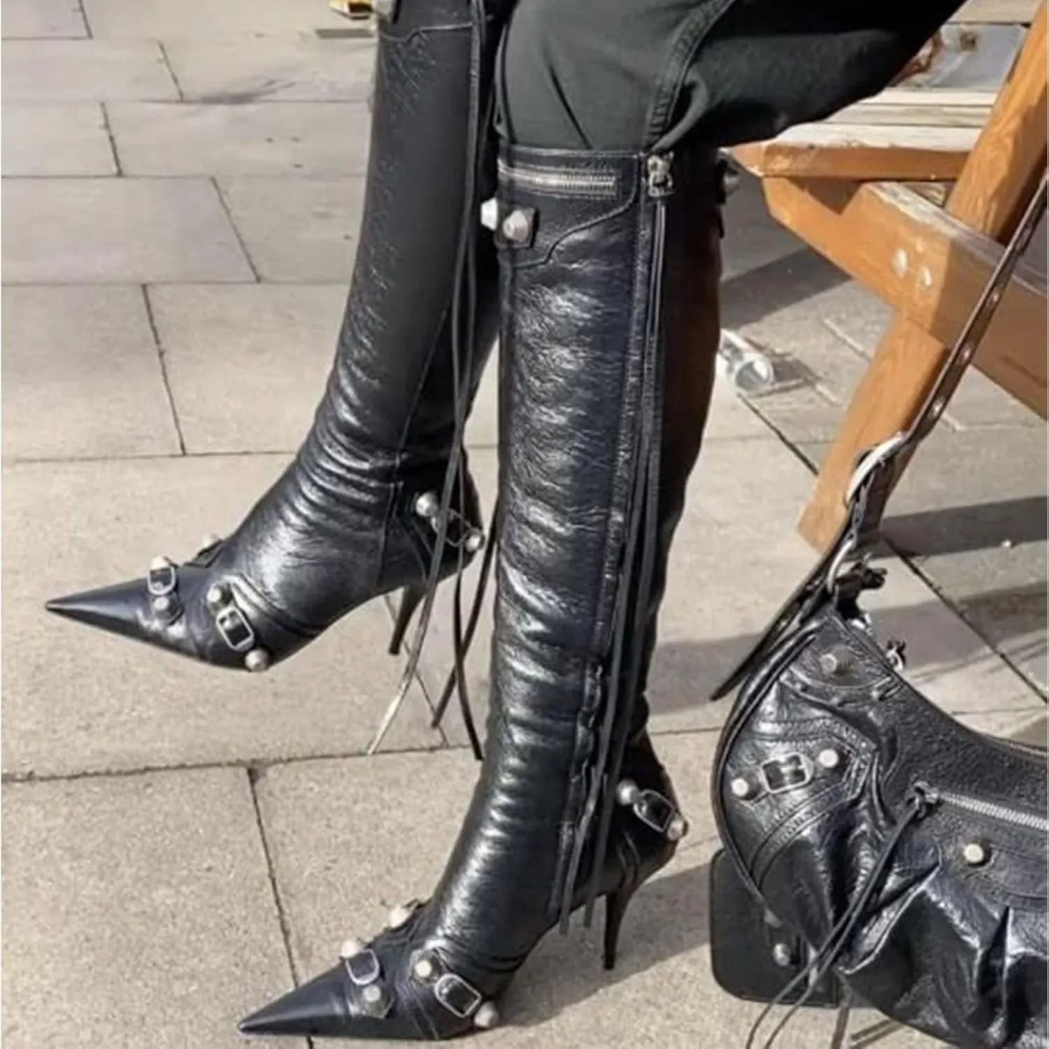 femflame Women's Knee High Boots for Women Pointed Toe Stiletto High Heels Rivet Party Dress Hot Long