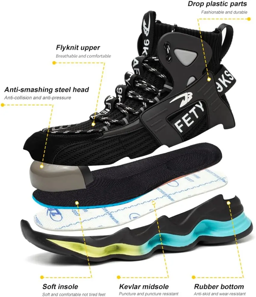 Fiedaz Steel Toe Work Shoes for Men Breathable High Top Sneakers Lightweight Puncture-Proof Safety Boots Industries Construction Work Boots