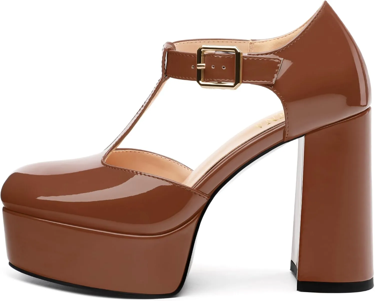 FOGEENA Platform Heels for Women Chunky Block High Heel Closed Square Toe 4.3 Inch T-Strap Mary Jane Pumps Casual Dress Shoe