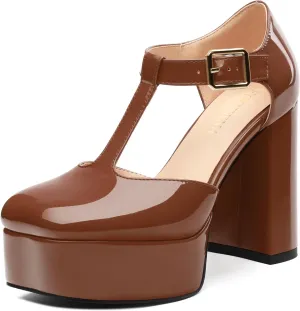 FOGEENA Platform Heels for Women Chunky Block High Heel Closed Square Toe 4.3 Inch T-Strap Mary Jane Pumps Casual Dress Shoe