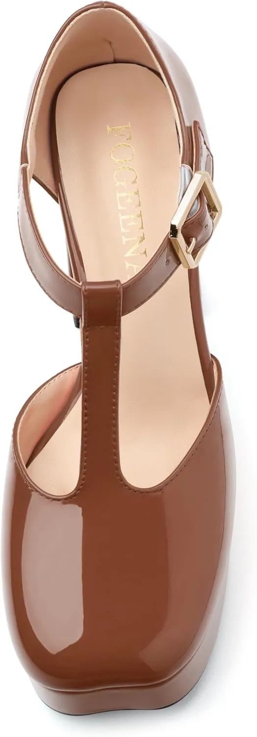 FOGEENA Platform Heels for Women Chunky Block High Heel Closed Square Toe 4.3 Inch T-Strap Mary Jane Pumps Casual Dress Shoe