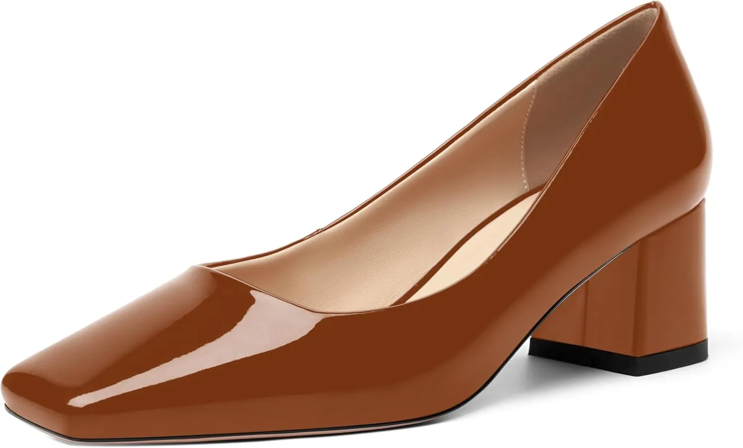 FOGEENA Womens Fashion Comfortable Square Toe Slip On Patent Leather Evening Chunky Low Heel Pumps Dress Shoes 2.2 Inch