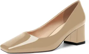 FOGEENA Womens Fashion Comfortable Square Toe Slip On Patent Leather Evening Chunky Low Heel Pumps Dress Shoes 2.2 Inch