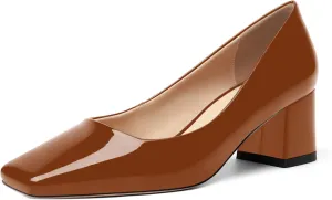 FOGEENA Womens Fashion Comfortable Square Toe Slip On Patent Leather Evening Chunky Low Heel Pumps Dress Shoes 2.2 Inch