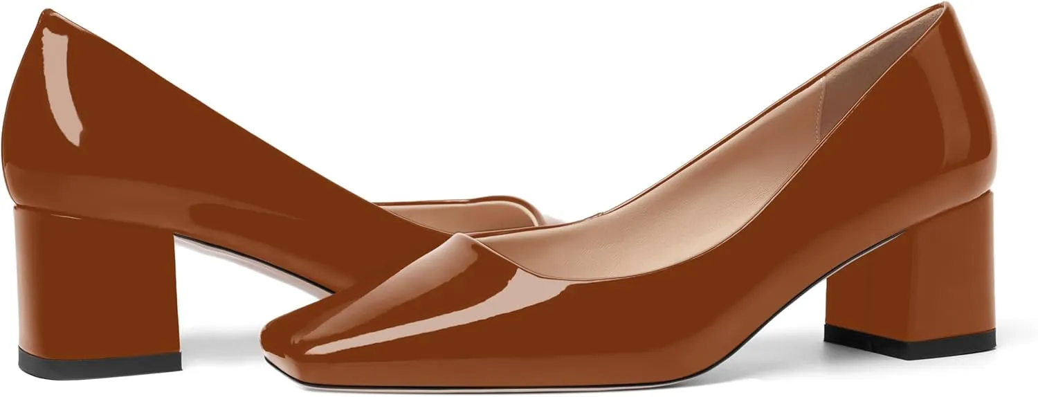 FOGEENA Womens Fashion Comfortable Square Toe Slip On Patent Leather Evening Chunky Low Heel Pumps Dress Shoes 2.2 Inch
