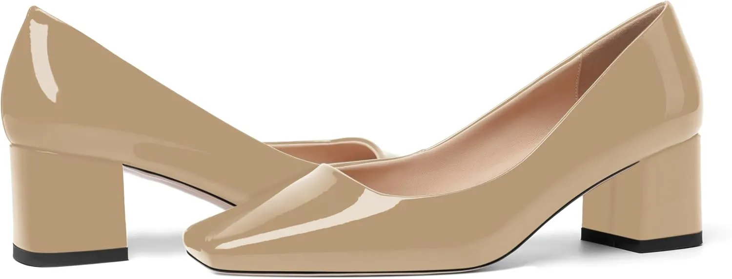 FOGEENA Womens Fashion Comfortable Square Toe Slip On Patent Leather Evening Chunky Low Heel Pumps Dress Shoes 2.2 Inch
