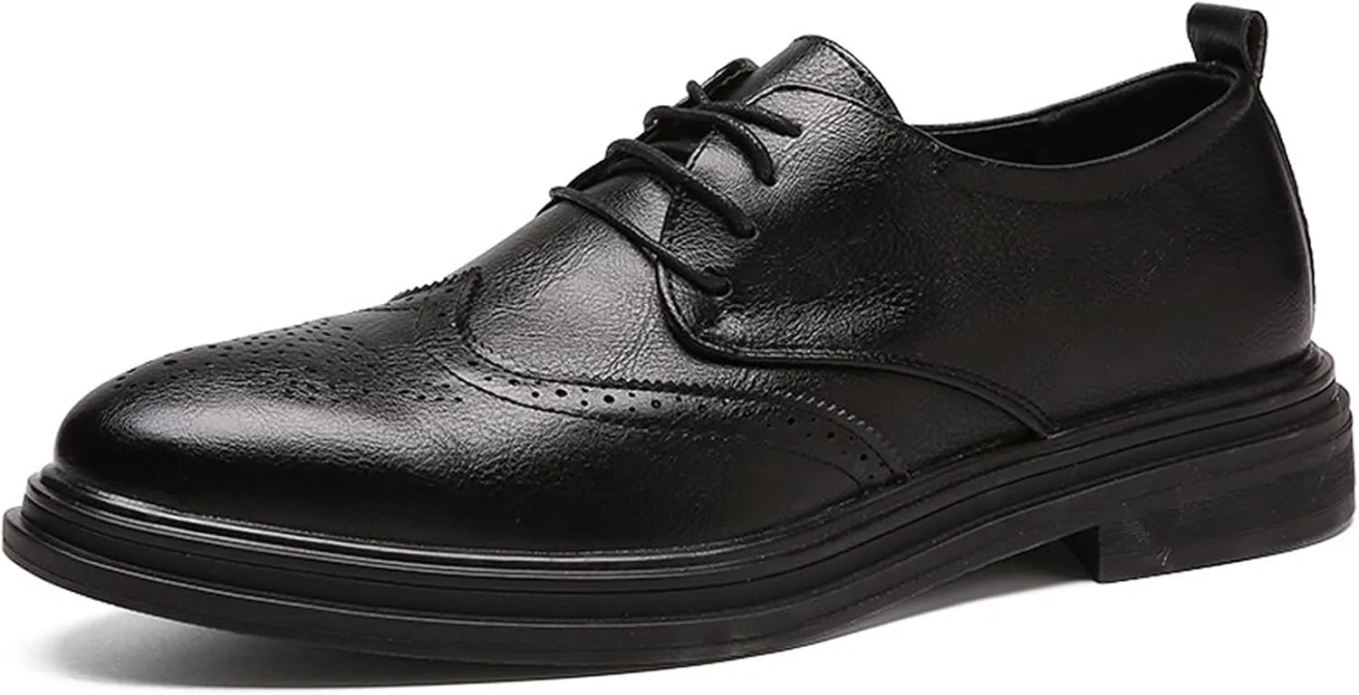 Formal Dress Shoes for Men Lace Up Derby Shoes Brogue Embossed Wing Tip Round Toe Vegan Leather Rubber Sole Resistant Non Slip Anti-Slip Block Heel