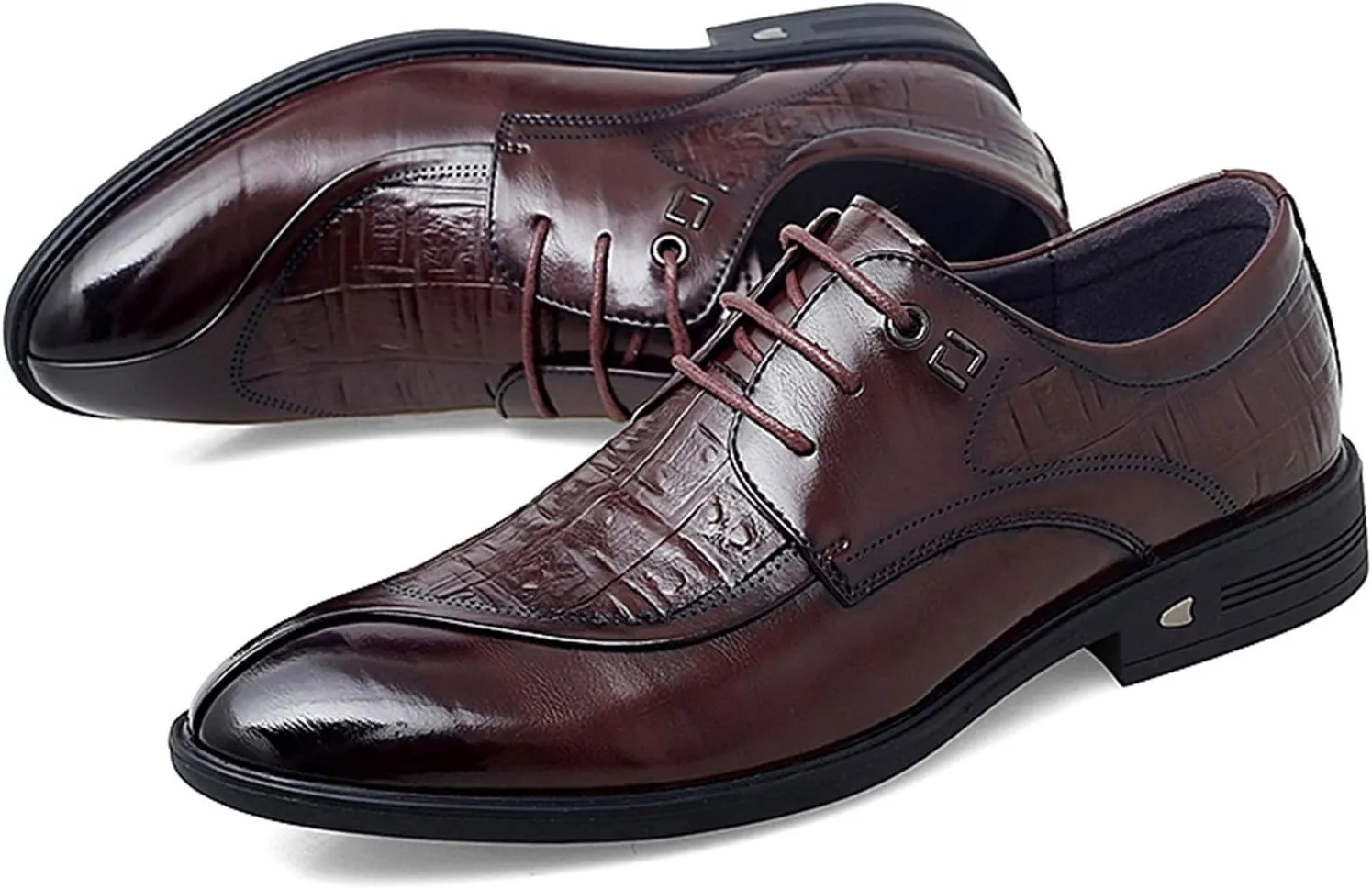Formal Dress Shoes for Men Lace Up Split Round Toe Crocodile Embossed Derby Shoes Vegan Leather Low Top Slip Resistant Rubber Sole Block Heel Classic