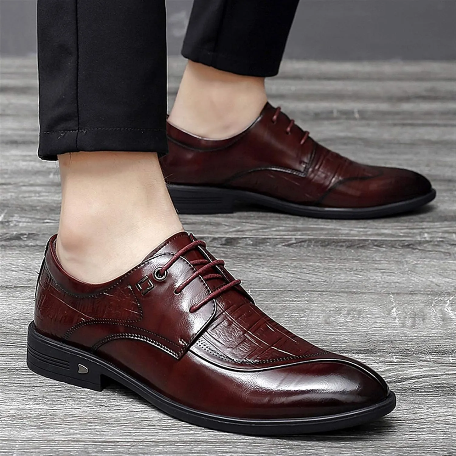 Formal Dress Shoes for Men Lace Up Split Round Toe Crocodile Embossed Derby Shoes Vegan Leather Low Top Slip Resistant Rubber Sole Block Heel Classic