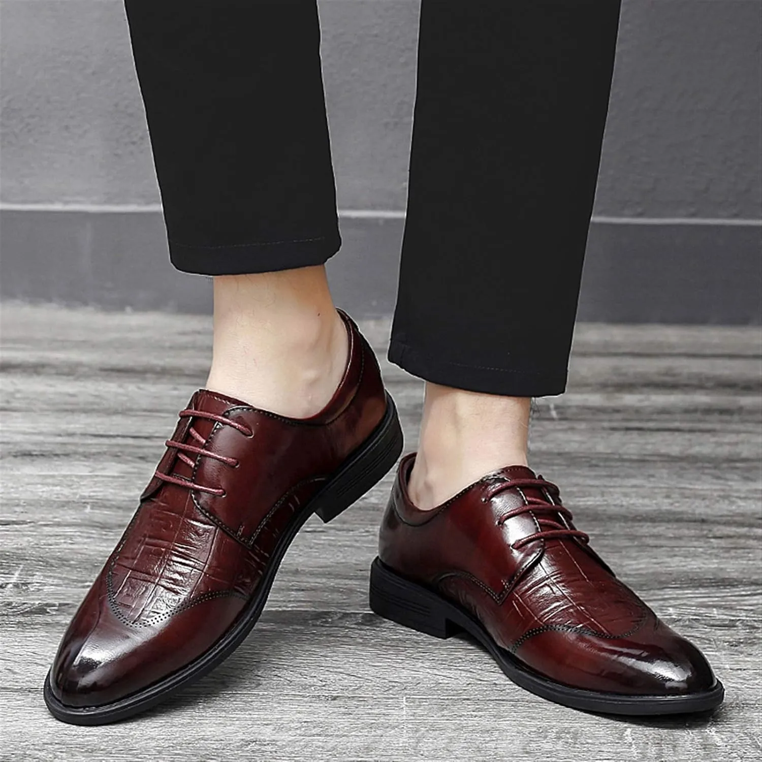 Formal Dress Shoes for Men Lace Up Split Round Toe Crocodile Embossed Derby Shoes Vegan Leather Low Top Slip Resistant Rubber Sole Block Heel Classic