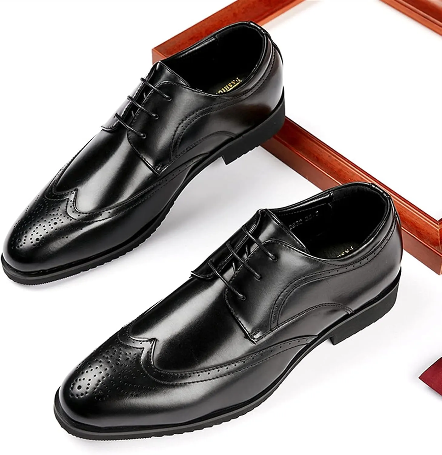 Formal Shoes Dress Oxford for Men Lace Up Brogue Embossed Wing tip Burnished Toe Vegan Leather Anti-Slip Low Top Non Slip Prom