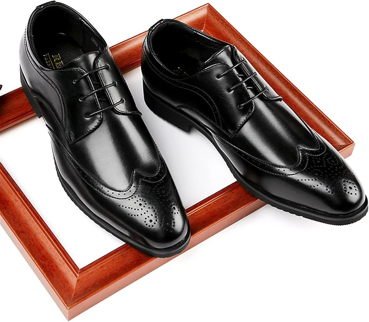 Formal Shoes Dress Oxford for Men Lace Up Brogue Embossed Wing tip Burnished Toe Vegan Leather Anti-Slip Low Top Non Slip Prom
