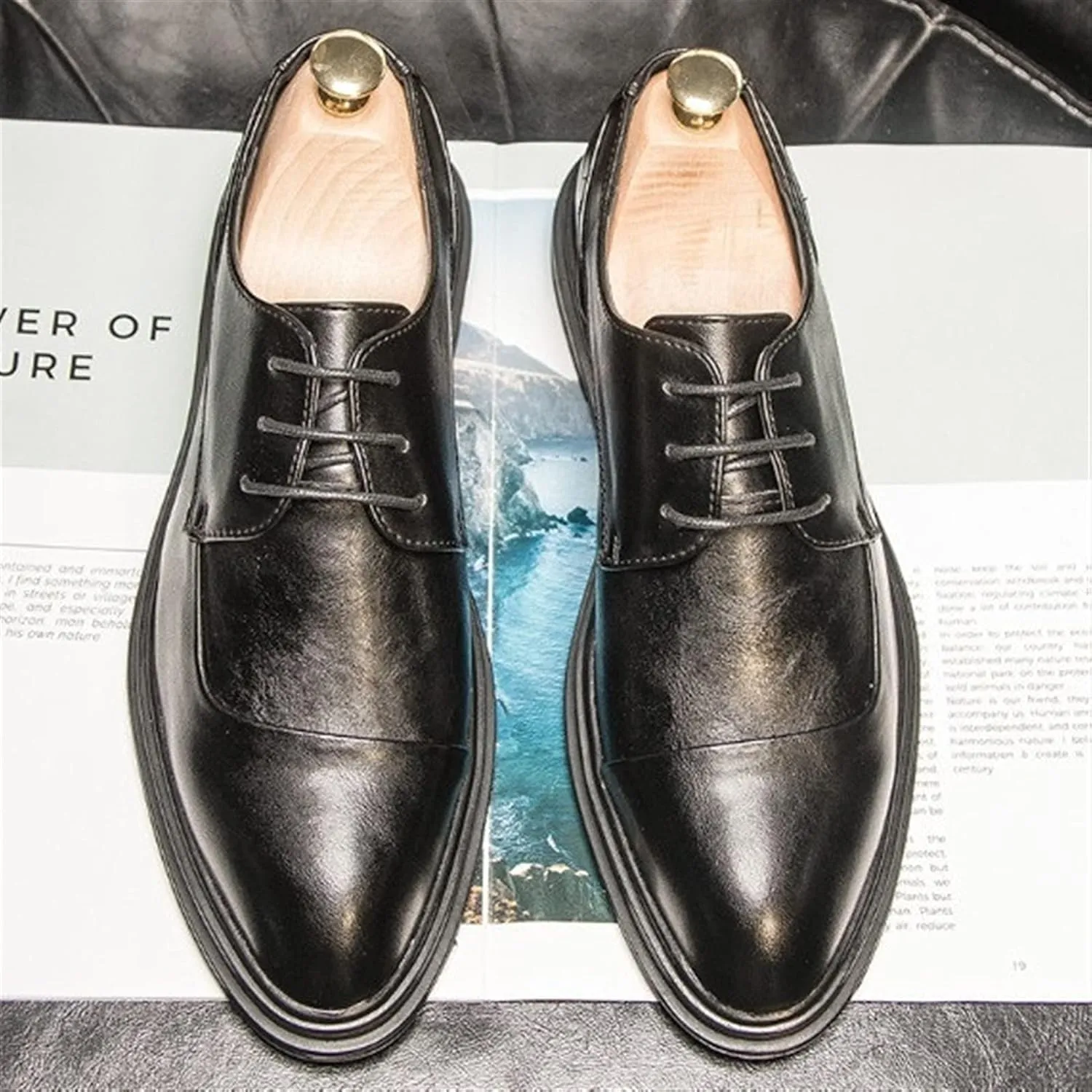Formal Shoes Dress Oxford for Men Lace Up Derby Shoes Round Burnished Toe Vegan Leather Rubber Sole Anti-Slip Non Slip Party