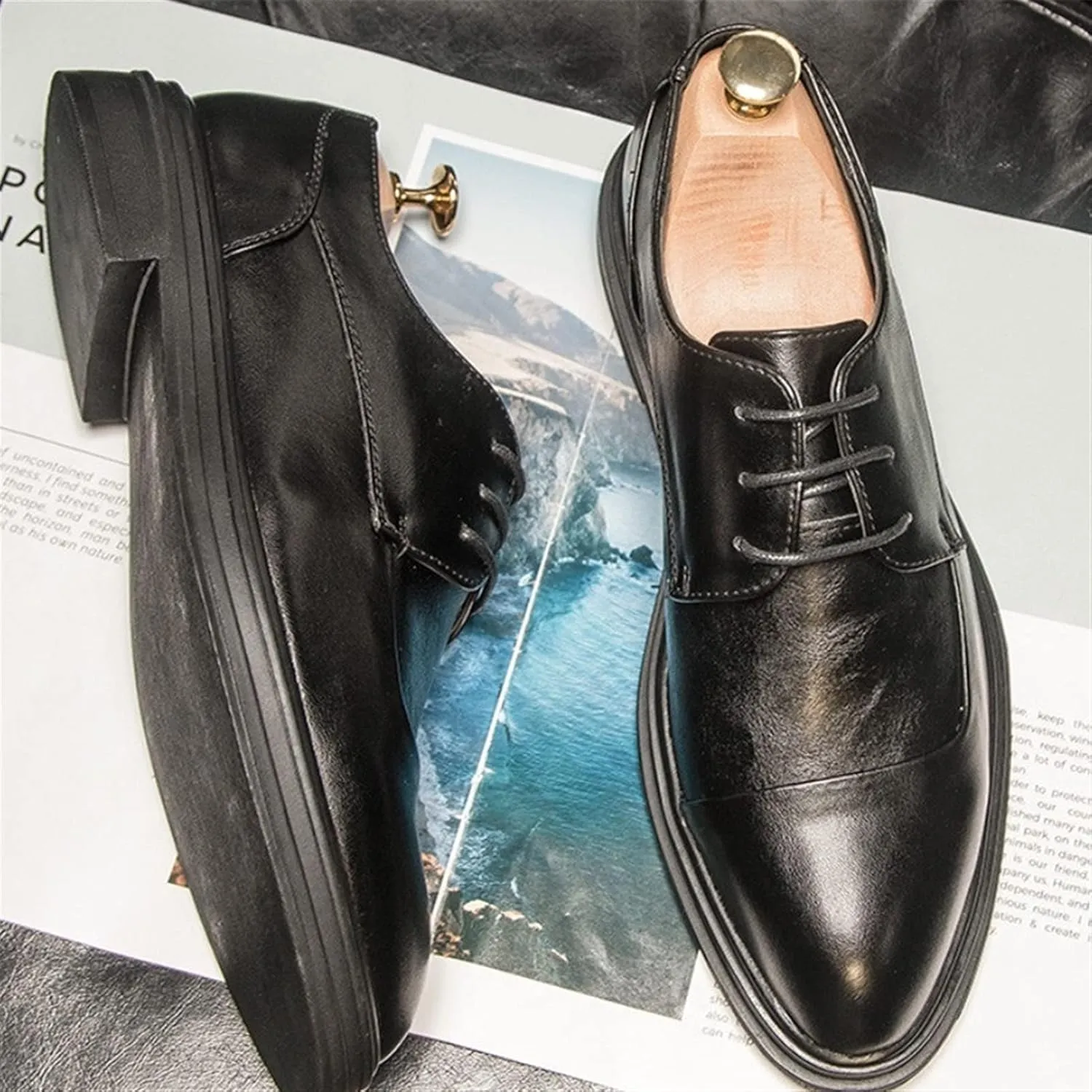Formal Shoes Dress Oxford for Men Lace Up Derby Shoes Round Burnished Toe Vegan Leather Rubber Sole Anti-Slip Non Slip Party