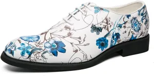 Formal Shoes Dress Oxford for Men Lace Up Round Toe Blue Flower Vegan Leather Low Top Anti-Slip Non Slip Rubber Sole Business (Color : Colorful, Size : 8)