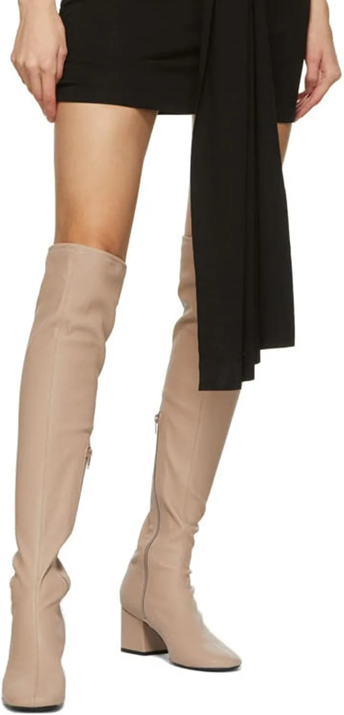 FOWT Women Round Toe Mid Chunky Heel Knee-High Boots,Solid Color Side Zipper Stretch Buffed Leather Long Booties,Fashion Stacked Block Heel Shoes for Dress Party Office US Size 4-16