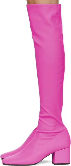 FOWT Women Round Toe Mid Chunky Heel Knee-High Boots,Solid Color Side Zipper Stretch Buffed Leather Long Booties,Fashion Stacked Block Heel Shoes for Dress Party Office US Size 4-16