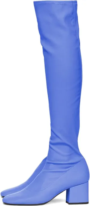 FOWT Women Round Toe Mid Chunky Heel Knee-High Boots,Solid Color Side Zipper Stretch Buffed Leather Long Booties,Fashion Stacked Block Heel Shoes for Dress Party Office US Size 4-16