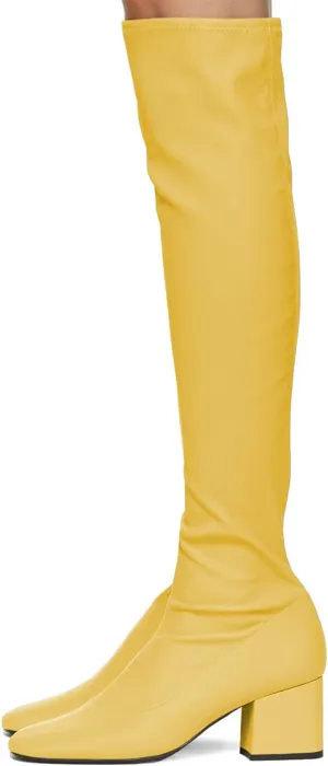 FOWT Women Round Toe Mid Chunky Heel Knee-High Boots,Solid Color Side Zipper Stretch Buffed Leather Long Booties,Fashion Stacked Block Heel Shoes for Dress Party Office US Size 4-16