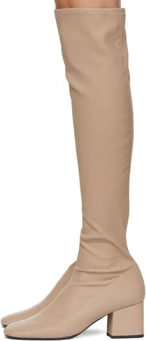 FOWT Women Round Toe Mid Chunky Heel Knee-High Boots,Solid Color Side Zipper Stretch Buffed Leather Long Booties,Fashion Stacked Block Heel Shoes for Dress Party Office US Size 4-16