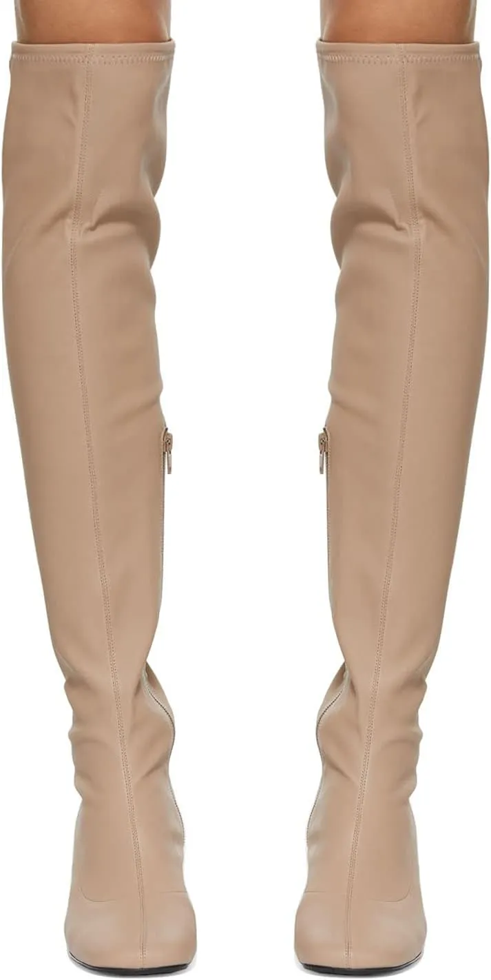 FOWT Women Round Toe Mid Chunky Heel Knee-High Boots,Solid Color Side Zipper Stretch Buffed Leather Long Booties,Fashion Stacked Block Heel Shoes for Dress Party Office US Size 4-16