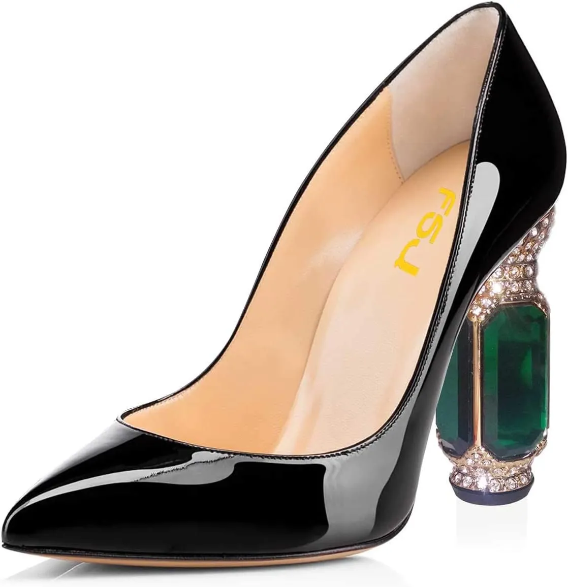FSJ Women Bridal Pointed Toe Chunky High Heel Crystal Pumps Slip on Wedding Thick Comfort Unique Shoes Size 4-15 US