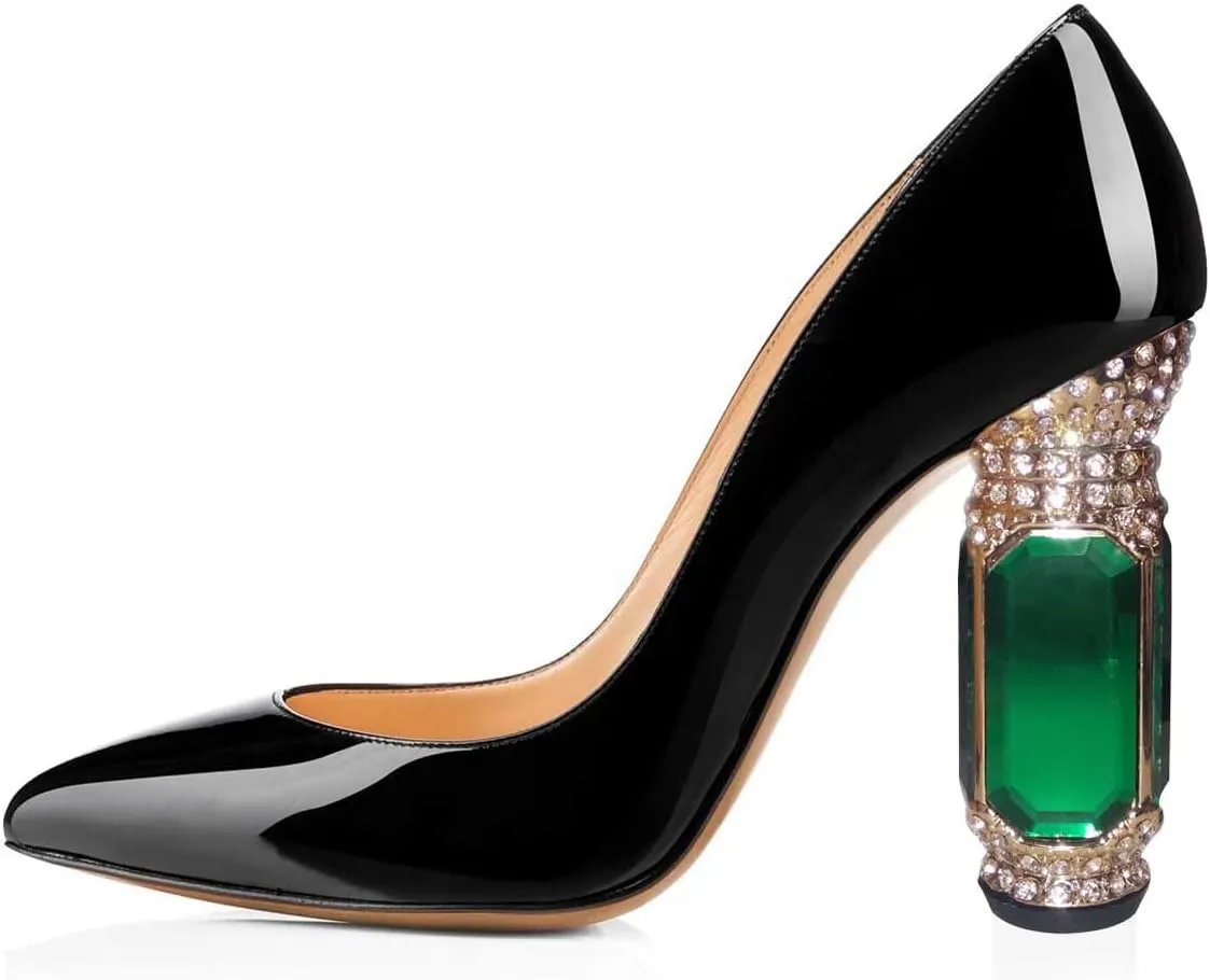 FSJ Women Bridal Pointed Toe Chunky High Heel Crystal Pumps Slip on Wedding Thick Comfort Unique Shoes Size 4-15 US