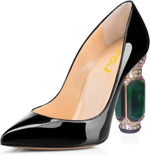 FSJ Women Bridal Pointed Toe Chunky High Heel Crystal Pumps Slip on Wedding Thick Comfort Unique Shoes Size 4-15 US