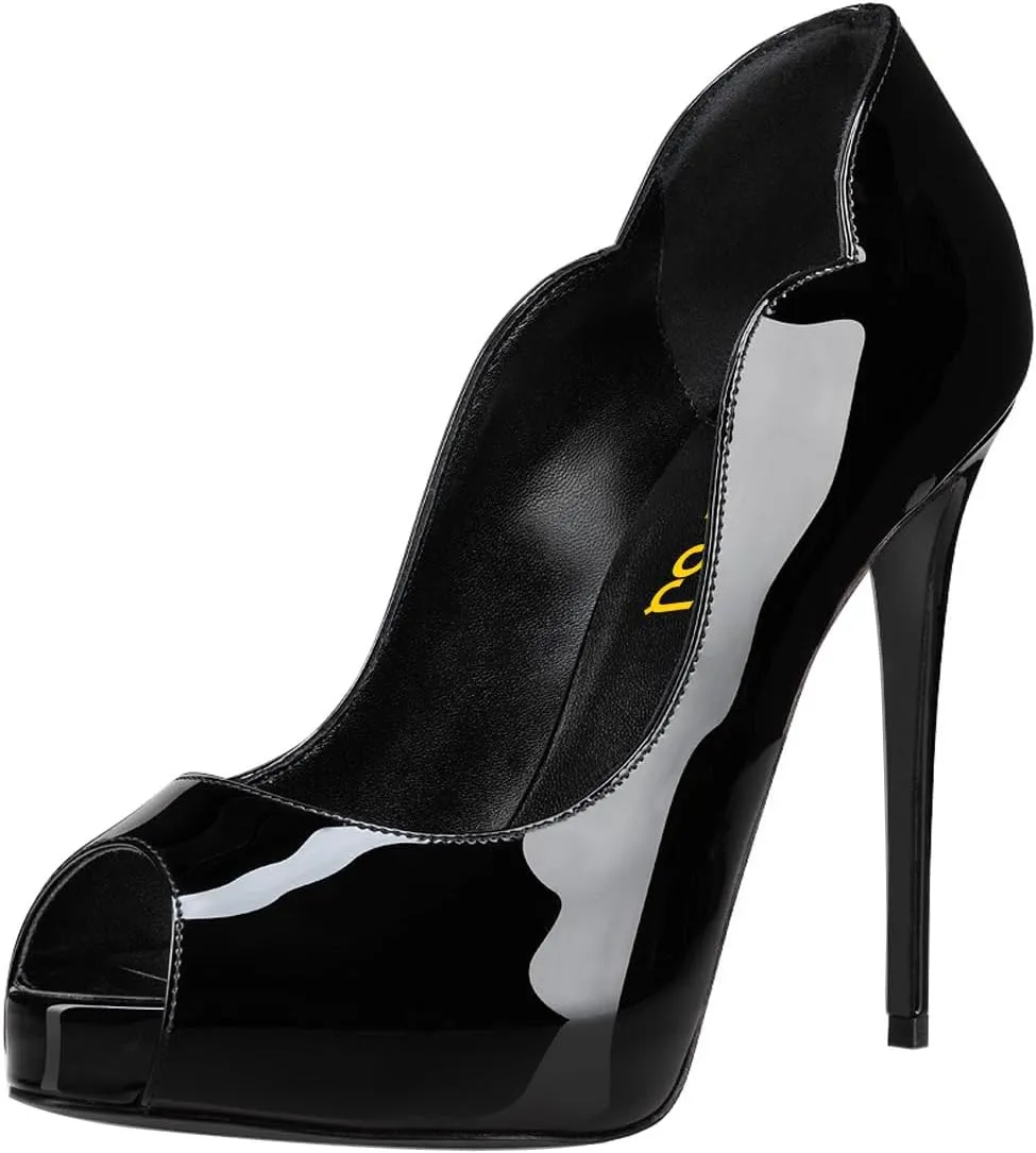 FSJ Women Classic Peep Toe Platform Pumps Sexy Stiletto High Heels Slip On Patent Leather Basic Pumps Wedding Party Dress Shoes Size 4-16 US