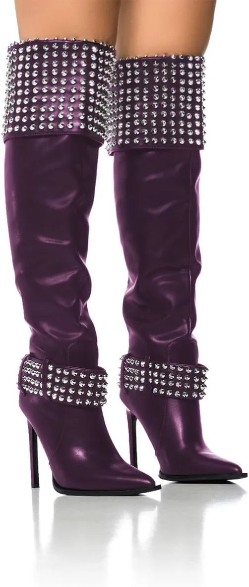 FSJ Women Stiletto High Heel Thigh High Boots Studded Rivet Pointed Toe Pull On Over the Knee Boots Versatile Party Dress Shoes Size 4-16 US