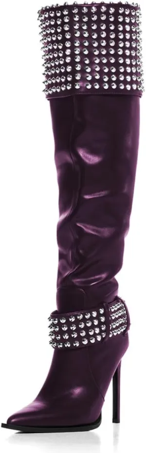 FSJ Women Stiletto High Heel Thigh High Boots Studded Rivet Pointed Toe Pull On Over the Knee Boots Versatile Party Dress Shoes Size 4-16 US